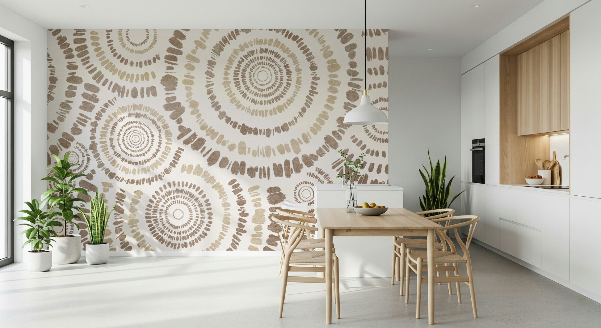 A peaceful geometric design mural on decorative wallpaper.
