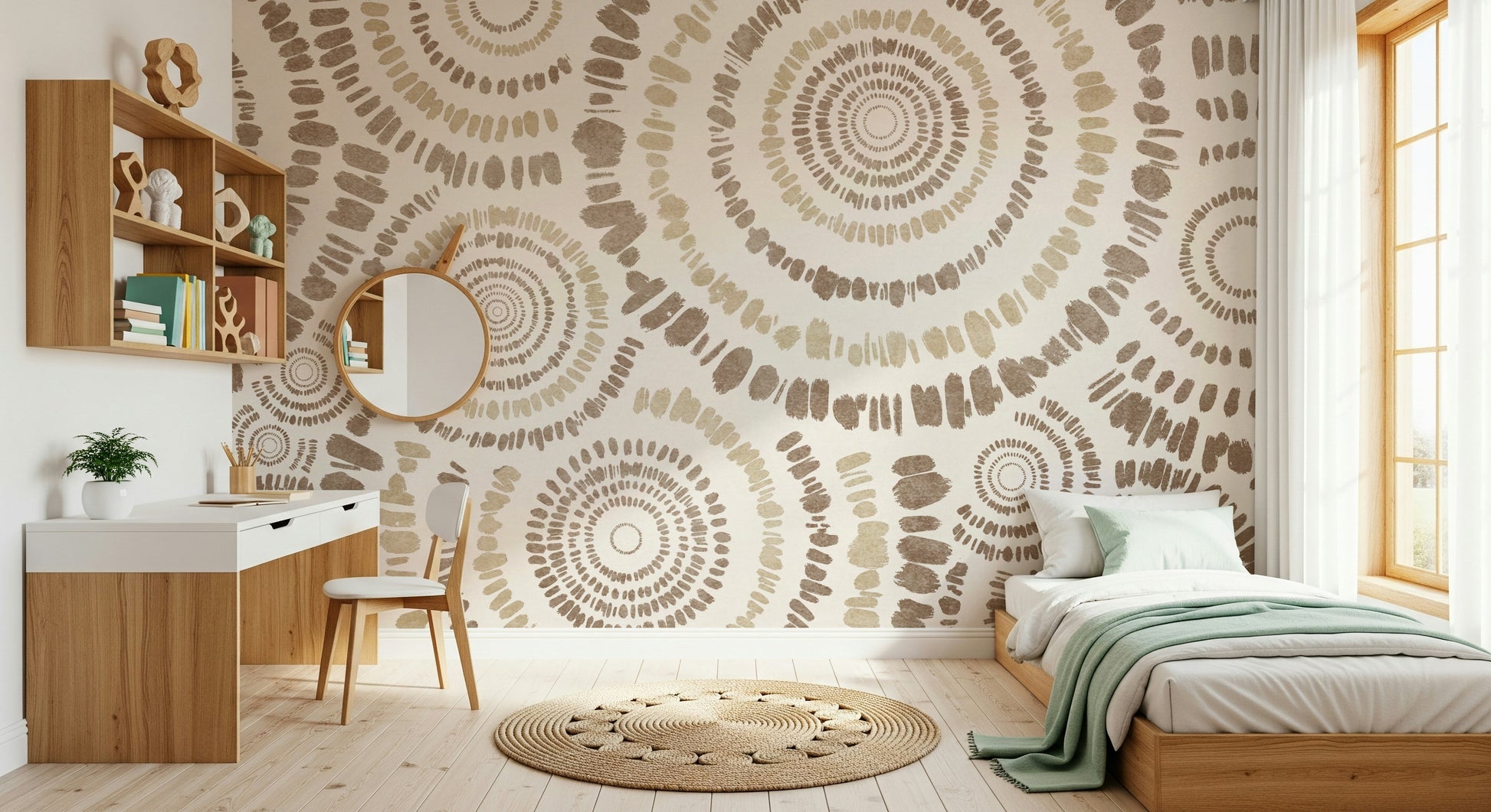 A graceful subtle circle wall mural in cool, natural tones.