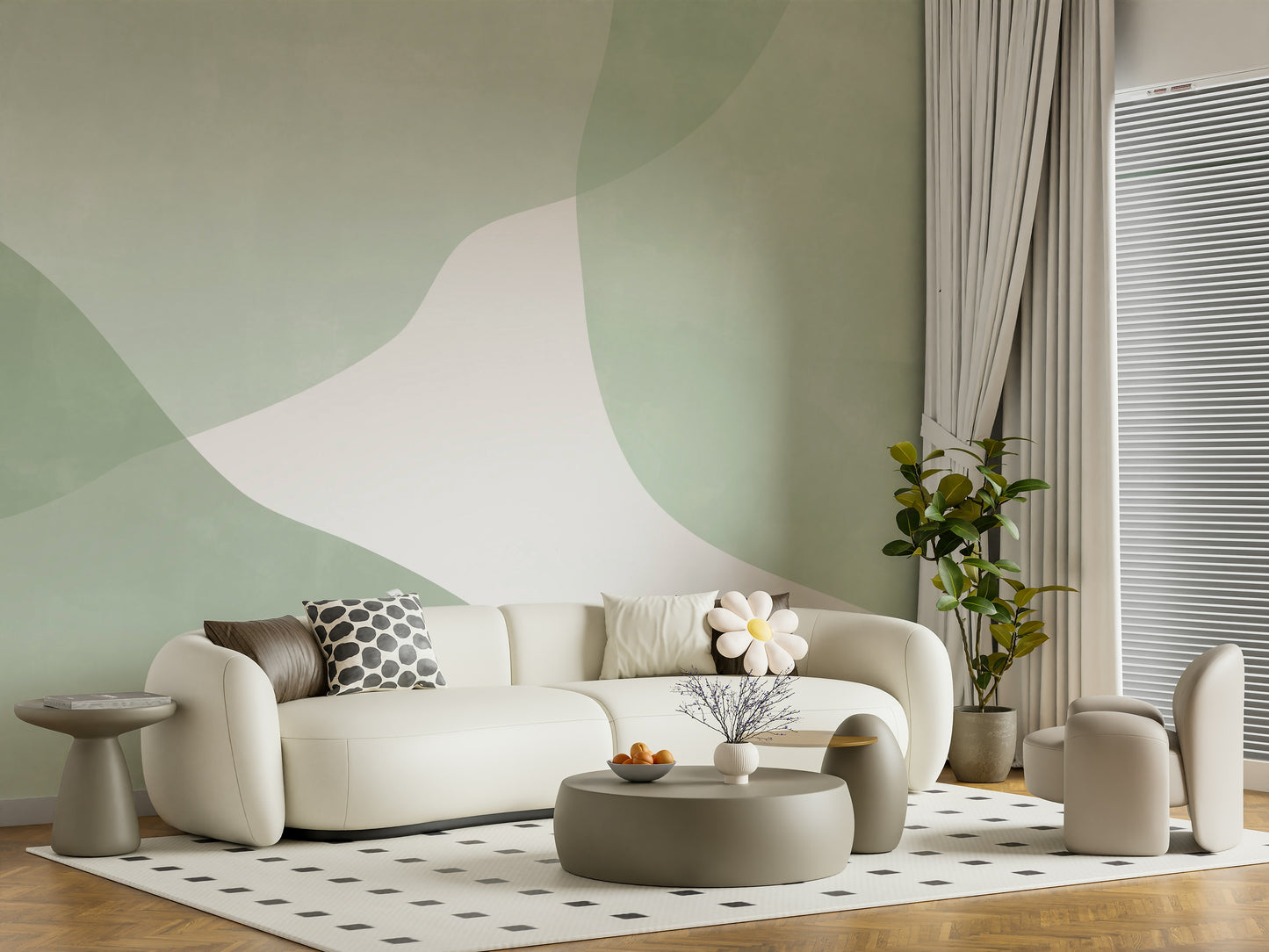 A peaceful green abstract mural on decorative wallpaper.