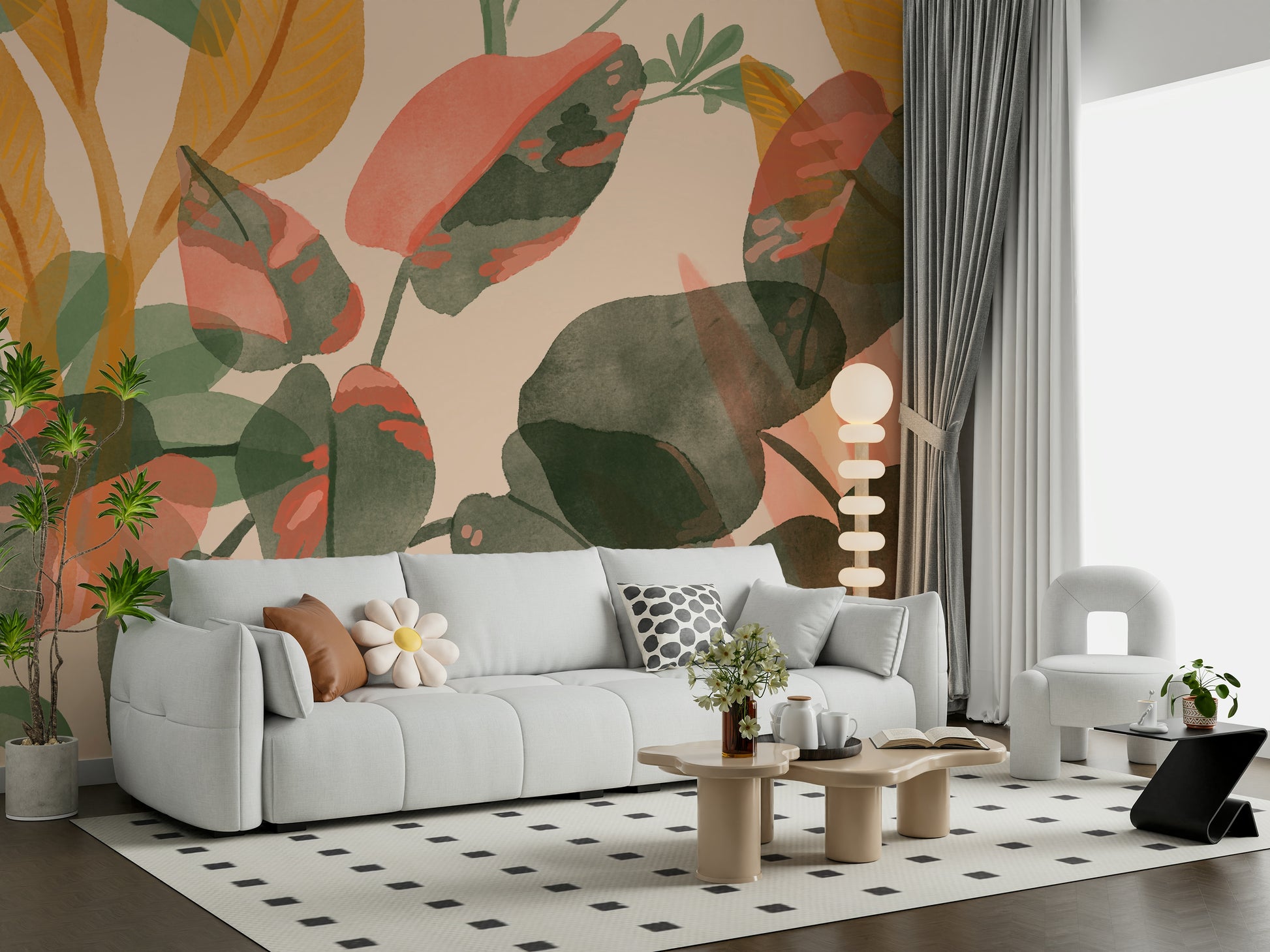 A graceful subtle flower wall mural in soft, elegant tones.