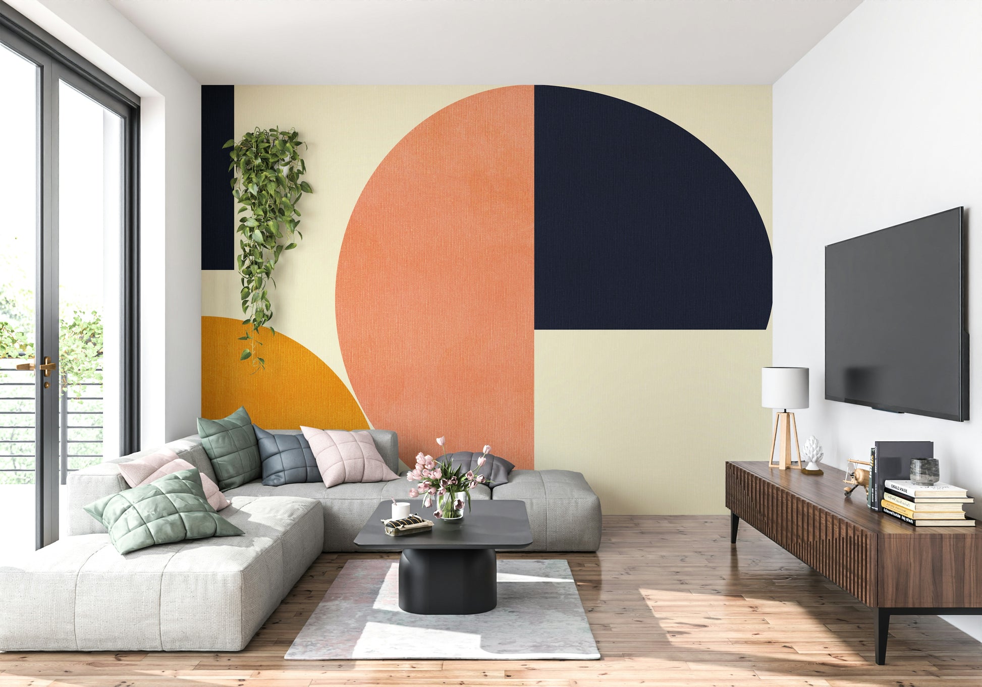 A serene abstract pattern wall mural with vintage shapes.