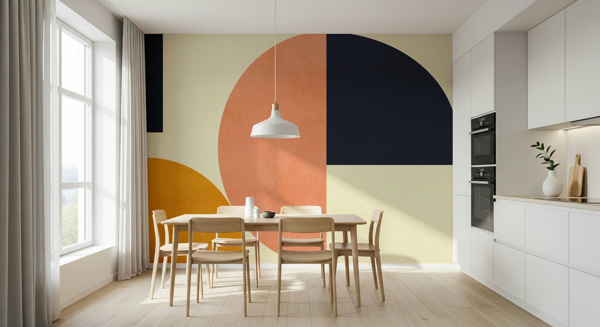 A graceful subtle block wall mural in cool, bold tones.