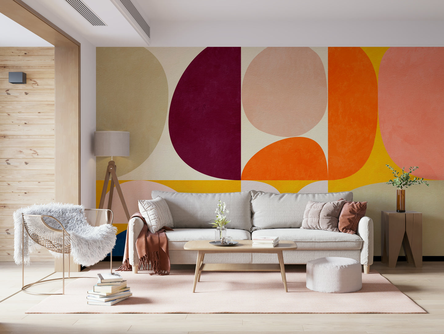 An artistic soft focus mural on minimalist wallpaper.