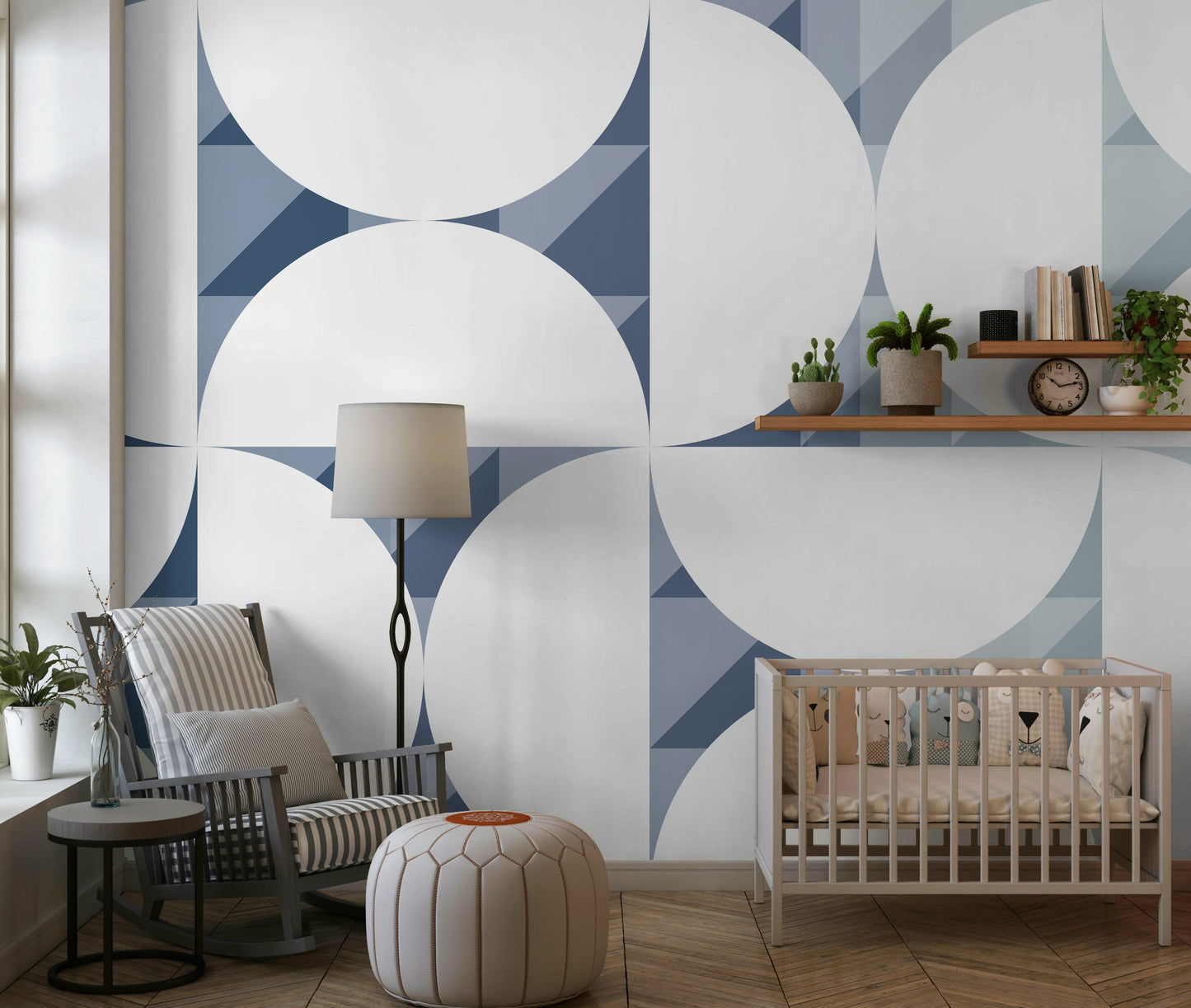 An artistic abstract shape mural on minimalist wallpaper.