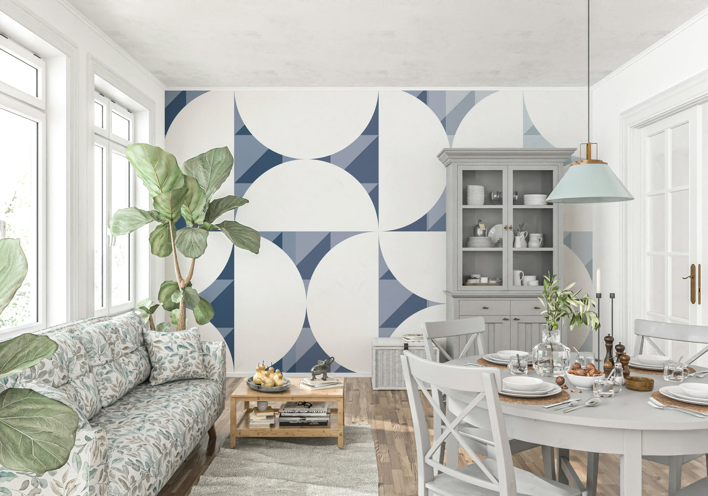 A beautiful abstract geometric wallpaper mural in blue and white.