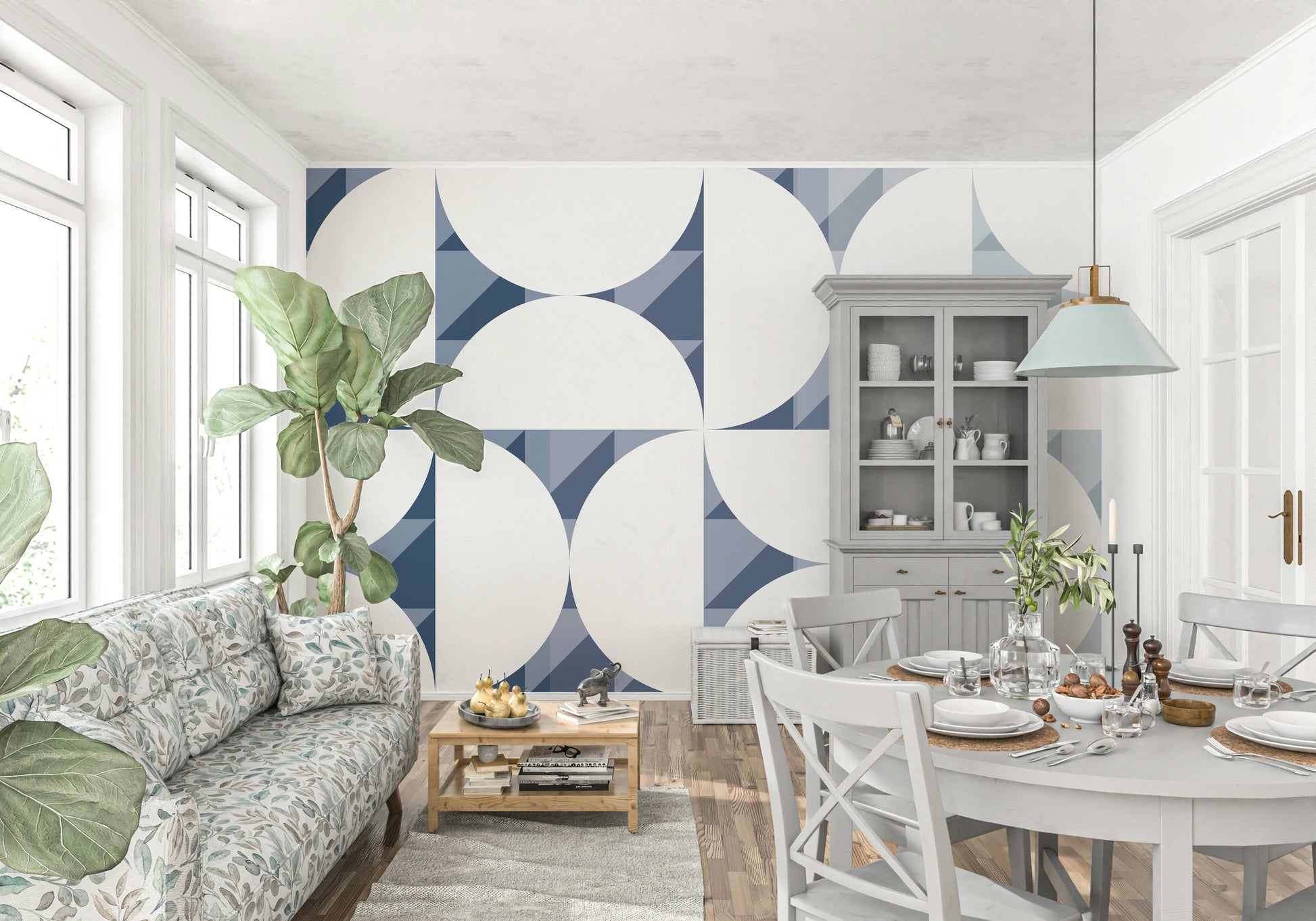 A beautiful abstract geometric wallpaper mural in blue and white.