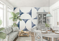 A beautiful abstract geometric wallpaper mural in blue and white.