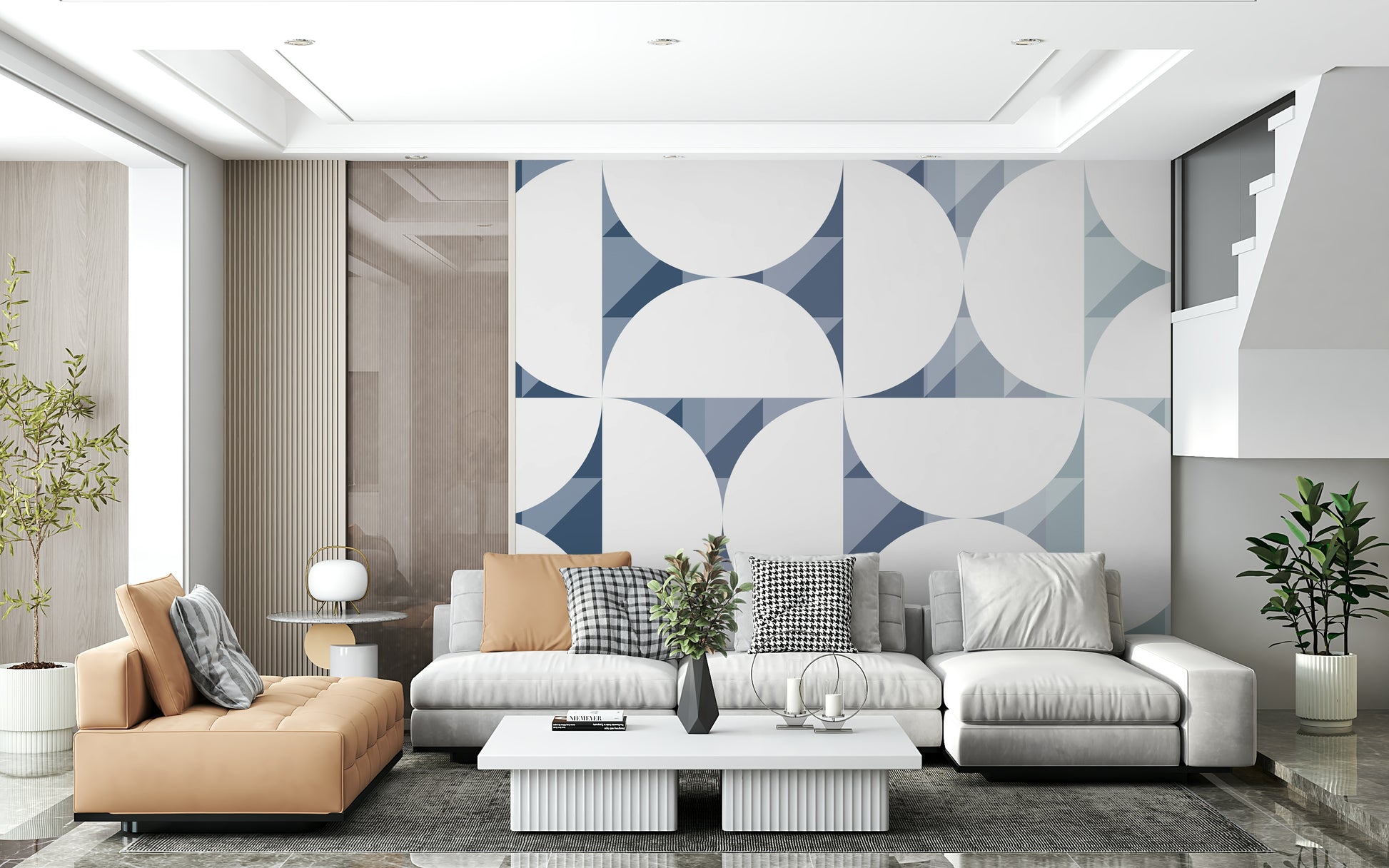 A peaceful geometric design mural on decorative wallpaper.