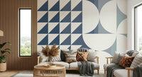 A peaceful geometric abstract mural on decorative wallpaper.