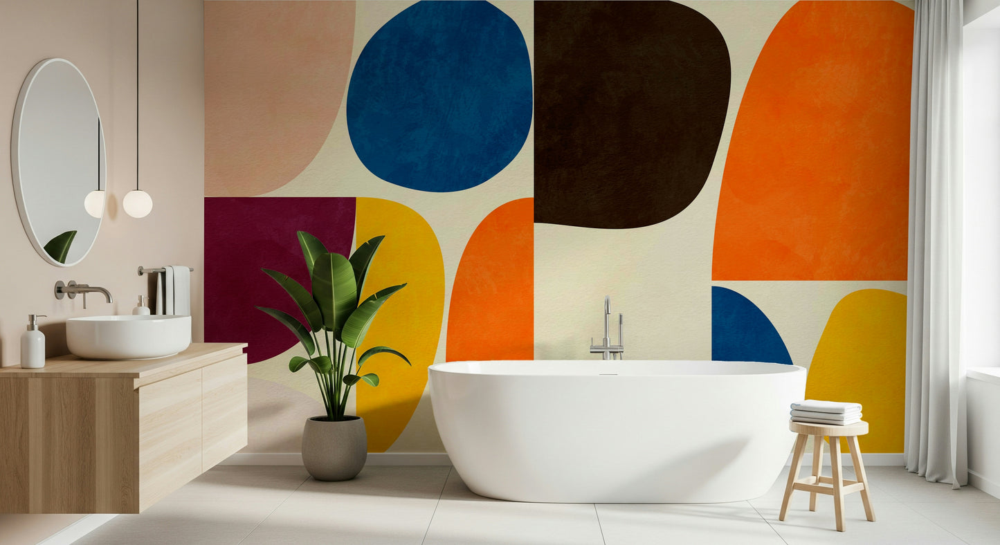 An artistic abstract shape mural on minimalist wallpaper.