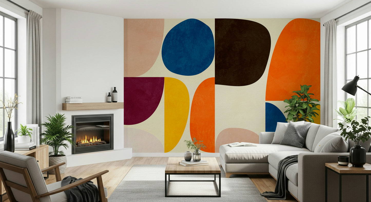 A peaceful geometric design mural on decorative wallpaper.