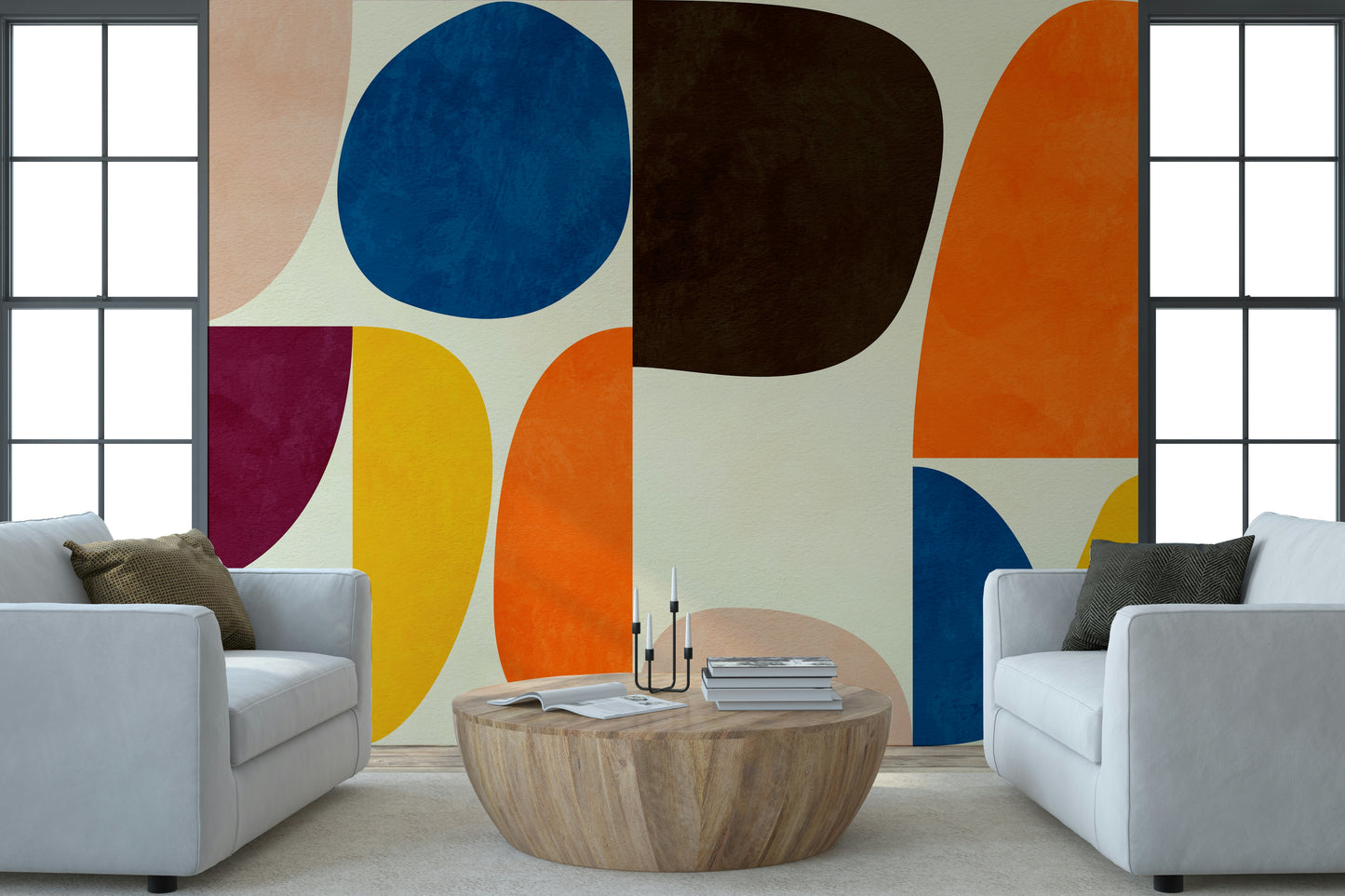A graceful modern abstract wall mural in cool, natural tones.
