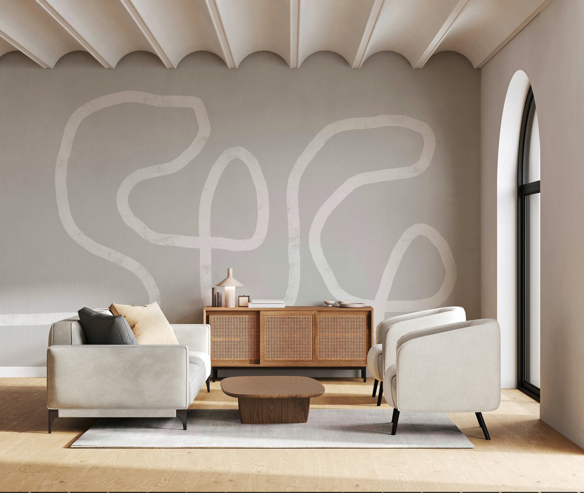 A graceful subtle line wall mural in cool, natural tones.