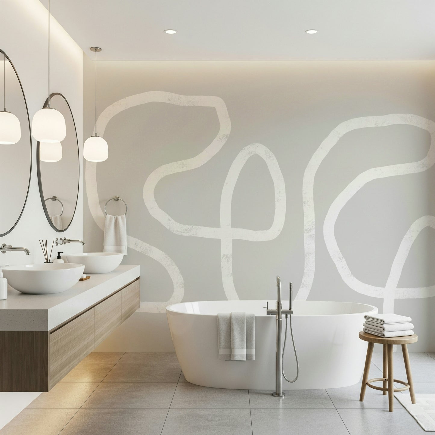 A peaceful modern abstract mural on decorative wallpaper.
