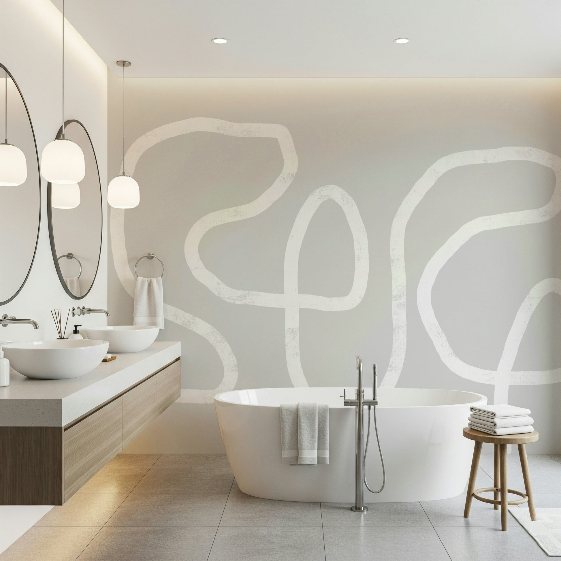 A peaceful modern abstract mural on decorative wallpaper.