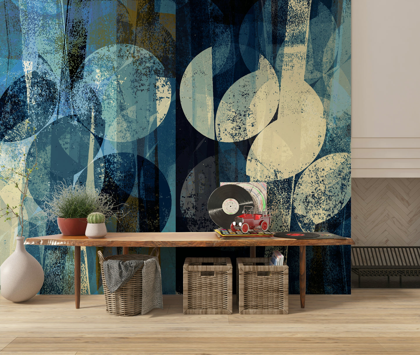 A beautiful modern art wall mural for a living room.