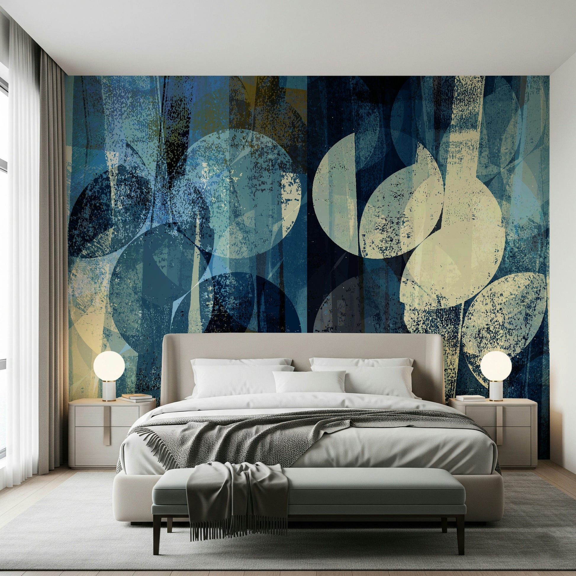 A peaceful geometric abstract mural on decorative wallpaper.