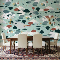 A peaceful geometric abstract mural on decorative wallpaper.