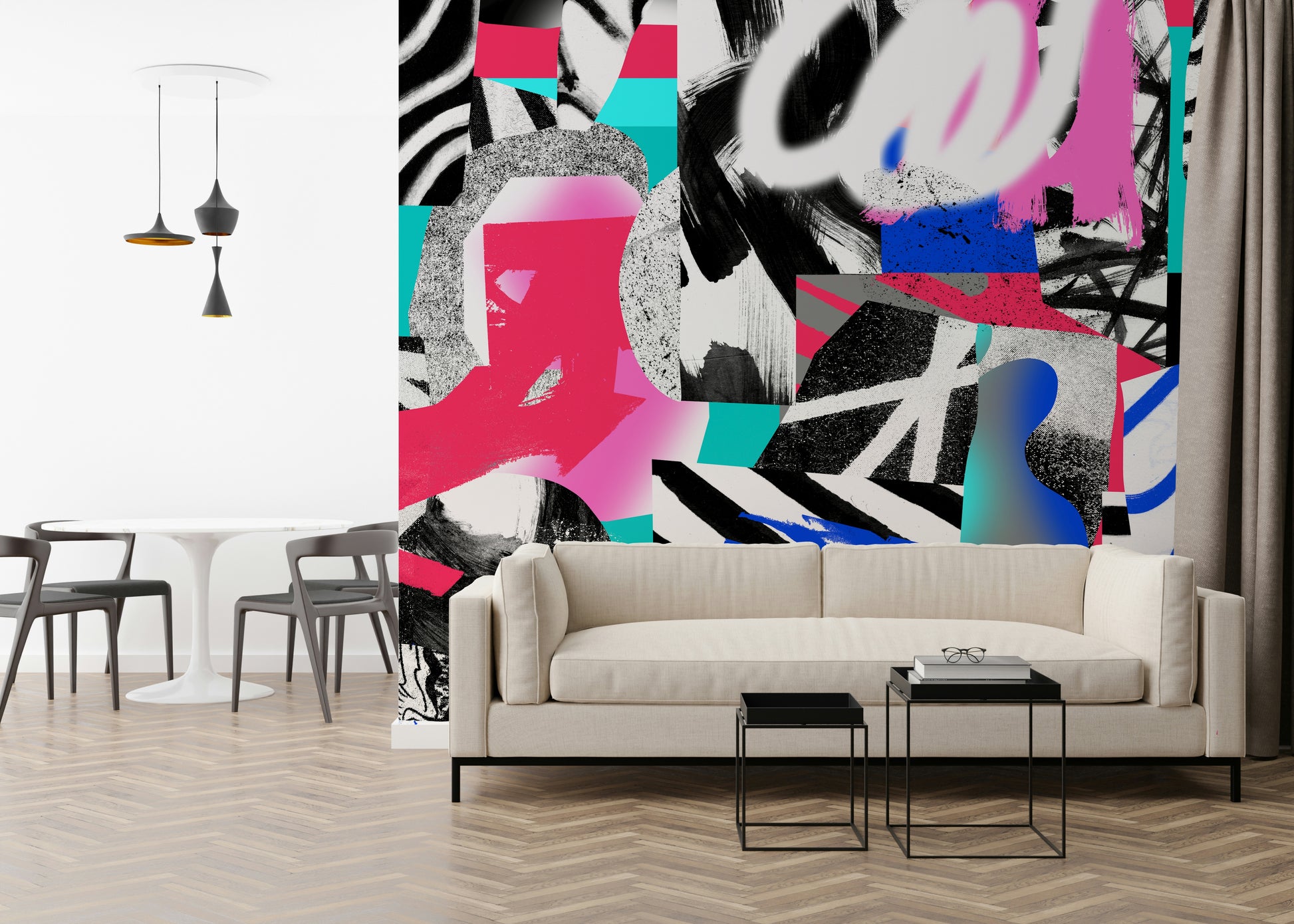 A beautiful modern art wall mural for a living room.