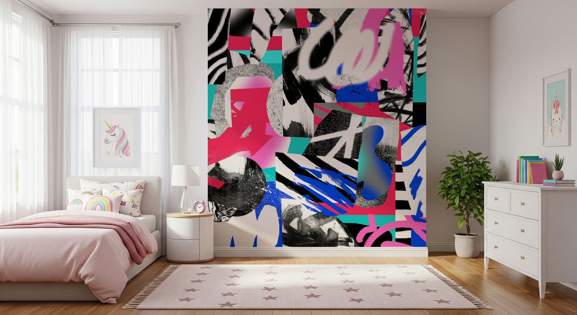 A peaceful geometric abstract mural on decorative wallpaper.