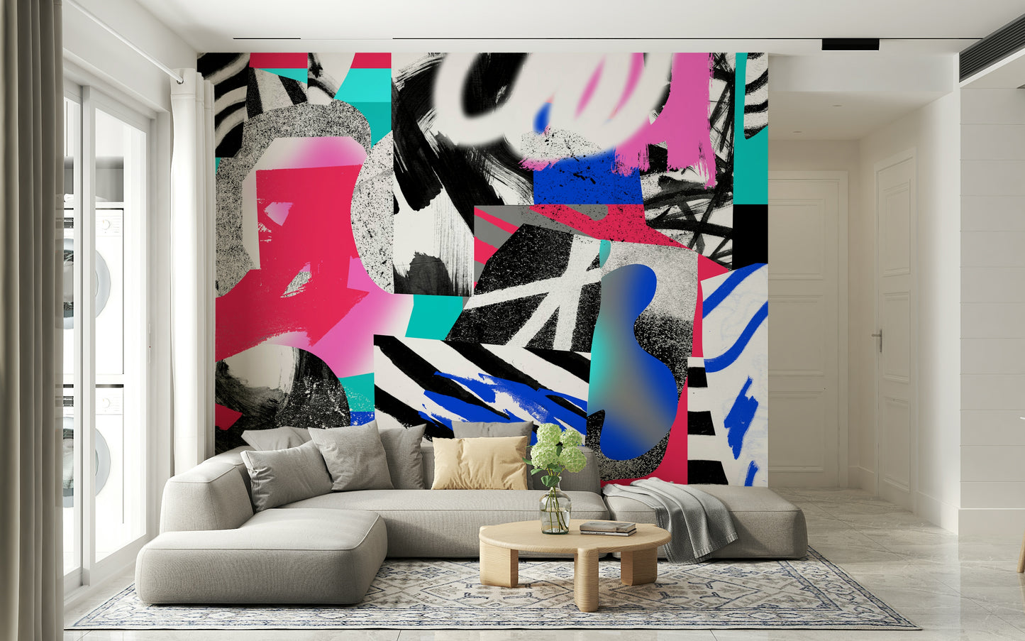 A contemplative fluid design wallpaper mural for a feature wall.