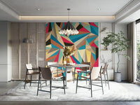 A peaceful geometric abstract mural on decorative wallpaper.