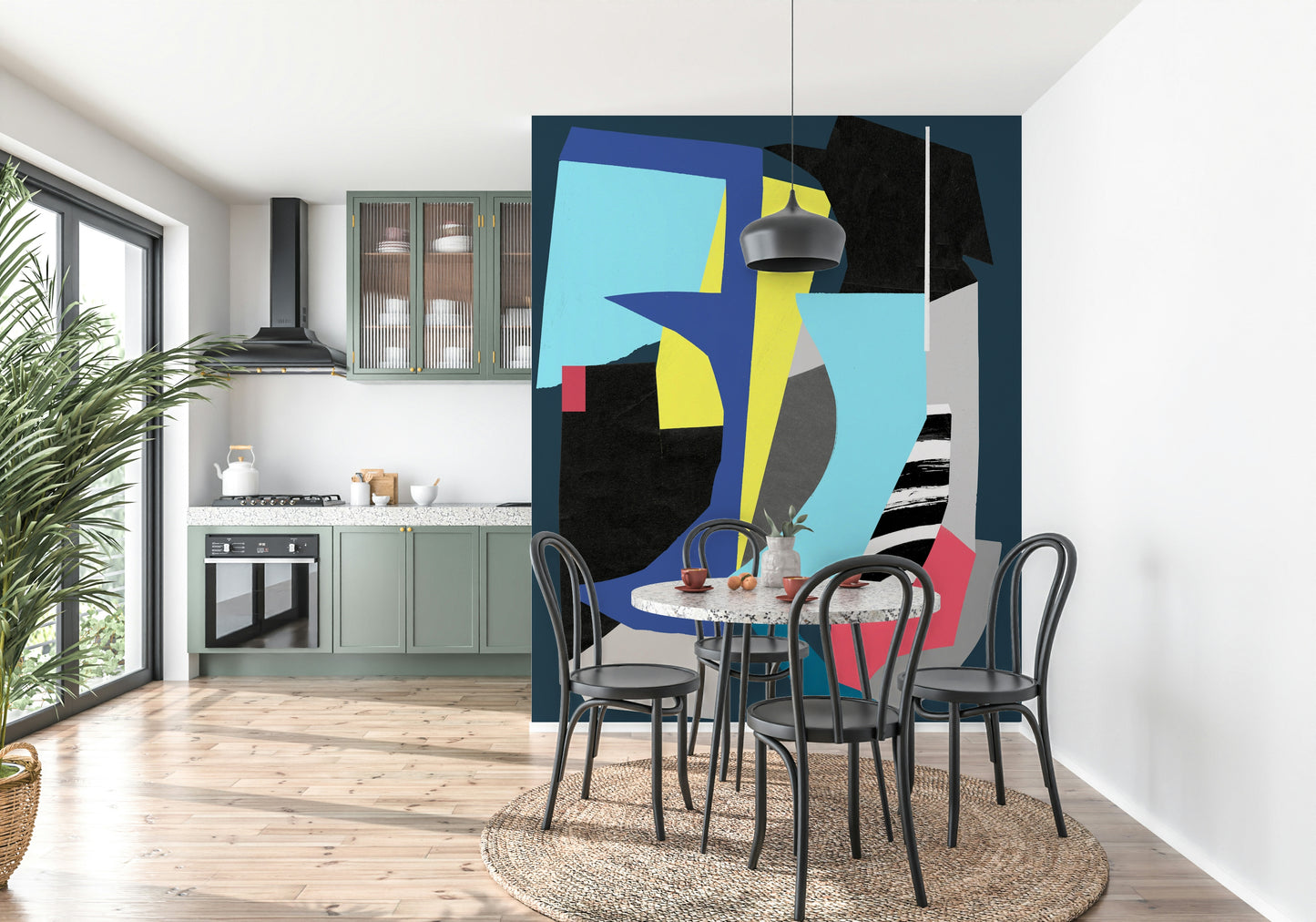 A graceful subtle pattern wall mural in cool, blue tones.