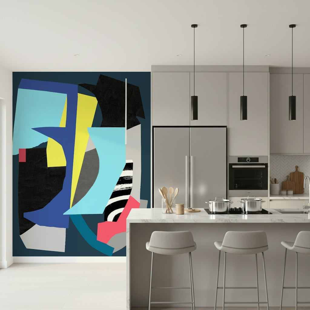 A peaceful geometric design mural on decorative wallpaper.