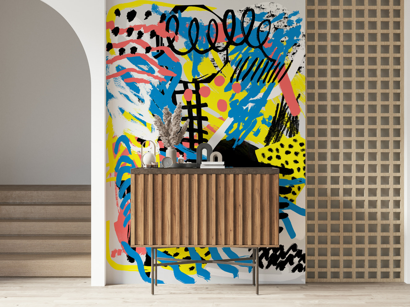 A beautiful abstract art wallpaper mural with symbolic elements.