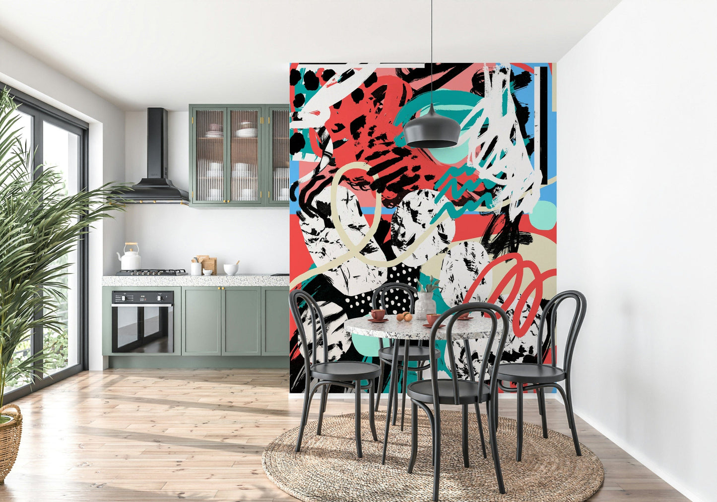 A calming serene moon wallpaper mural that defines a space.