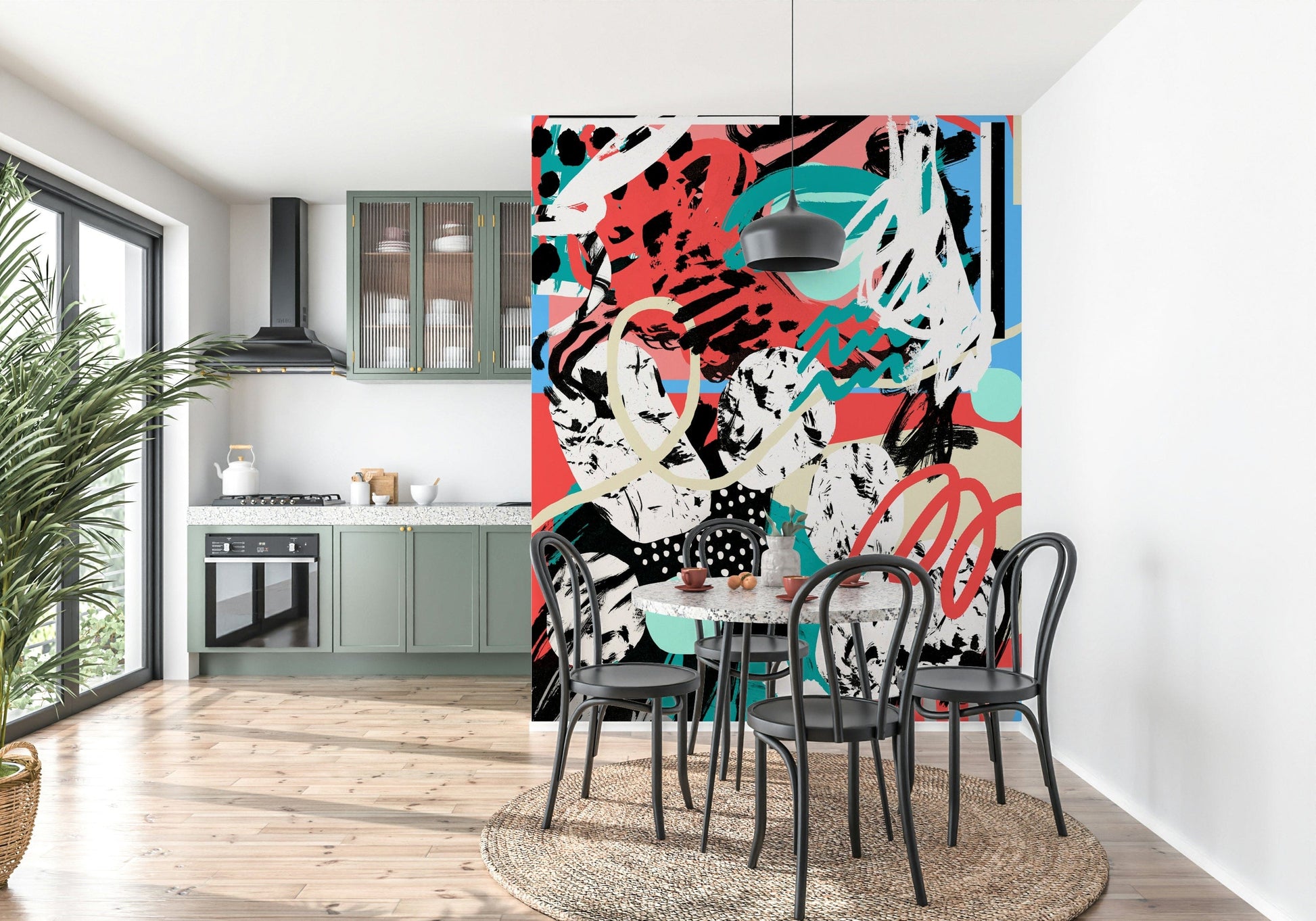 A calming serene moon wallpaper mural that defines a space.