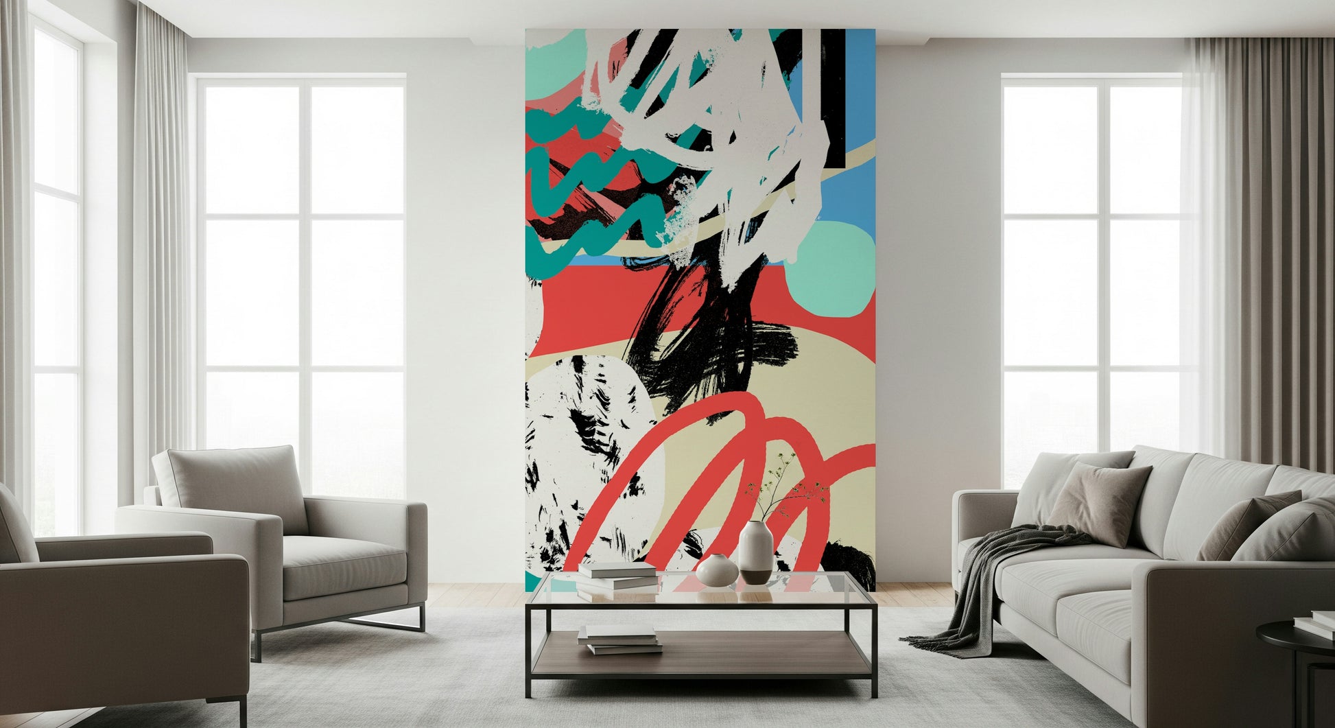 A graceful subtle moon wall mural in cool, natural tones.