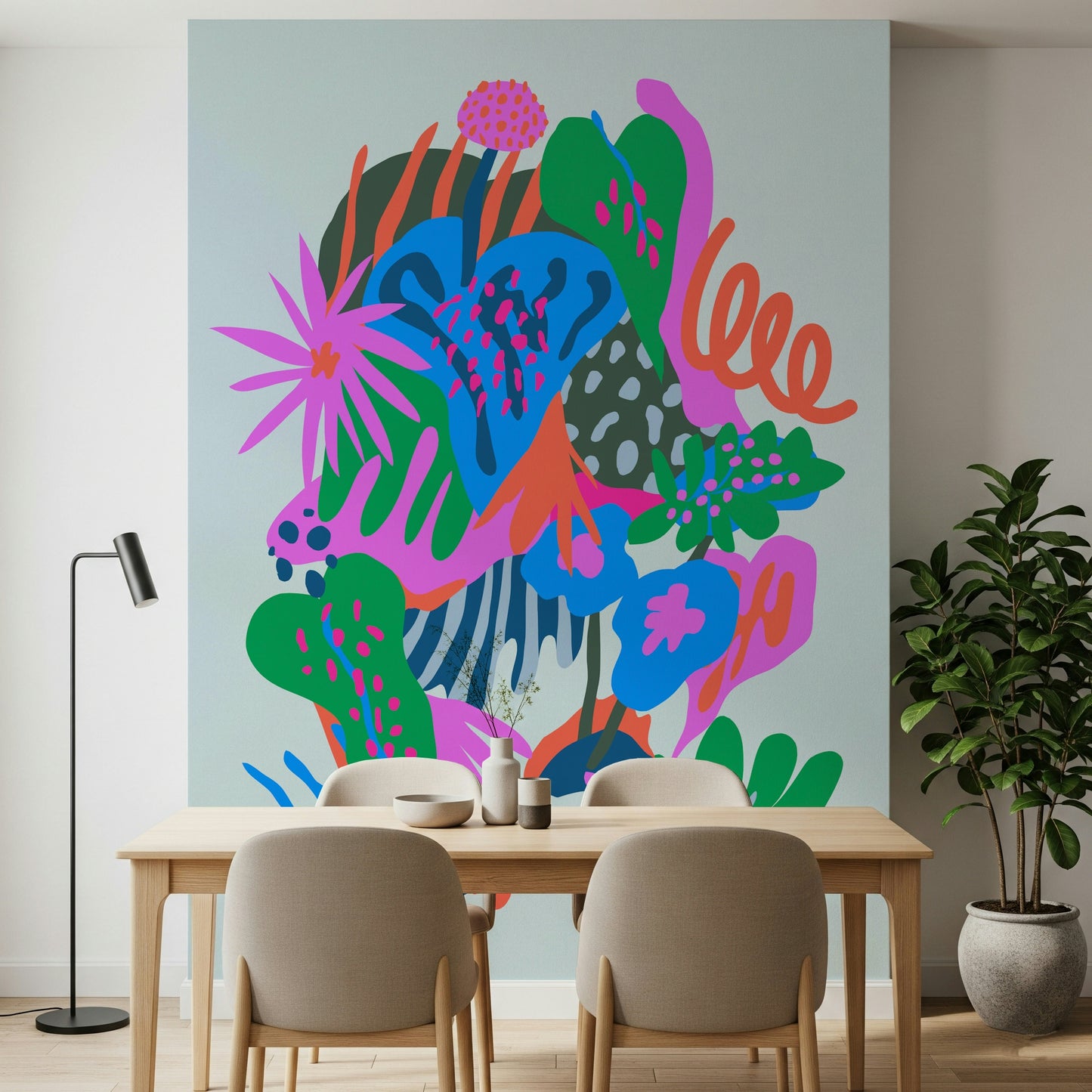 An artistic elegant garden mural on scenic wallpaper.