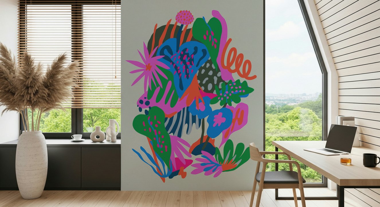 A beautiful secret garden wallpaper mural with lush greenery and flowers.