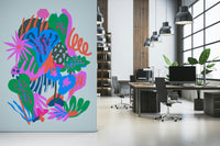 A peaceful woodland vista mural on decorative wallpaper.