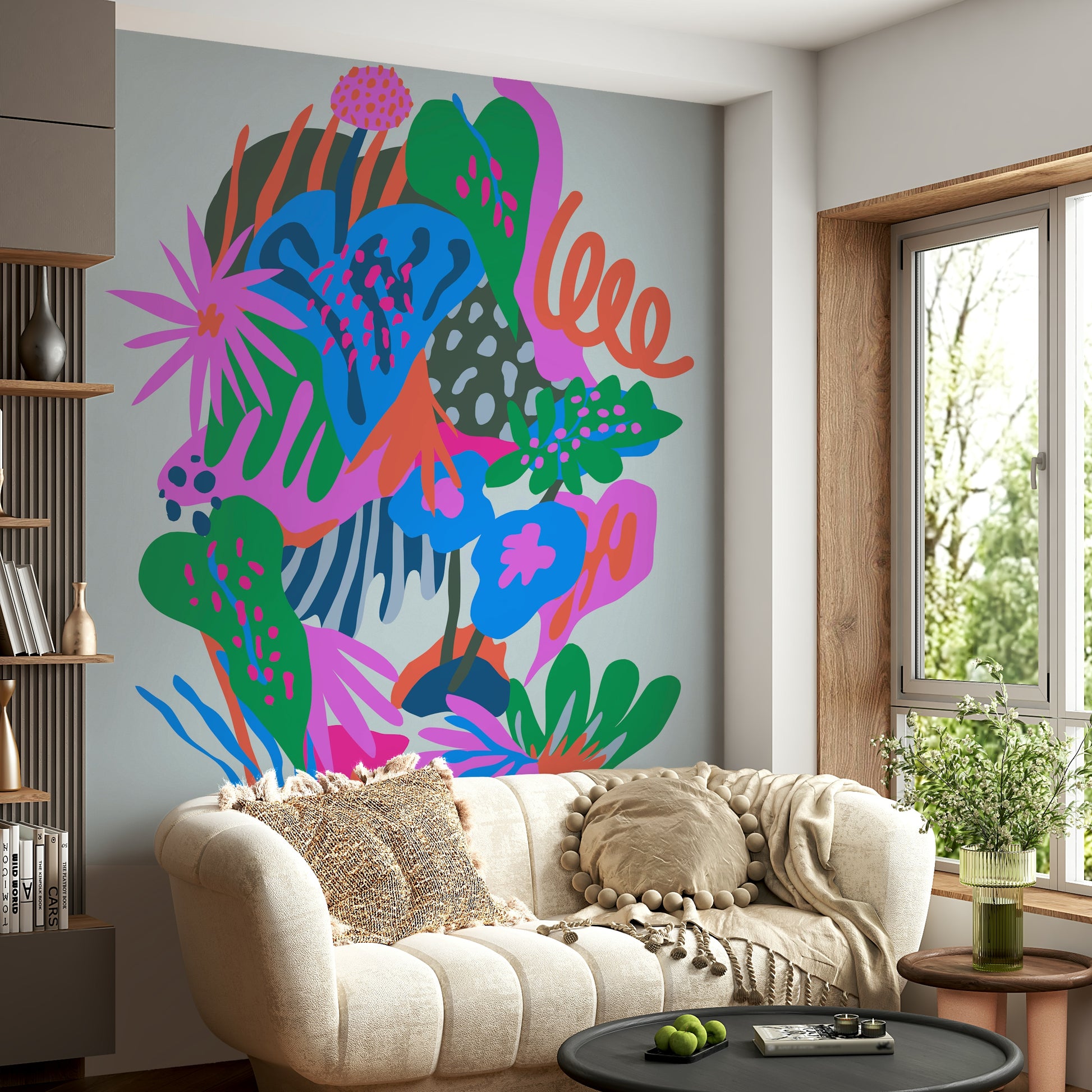 A beautiful modern art wall mural of delicate flowers.