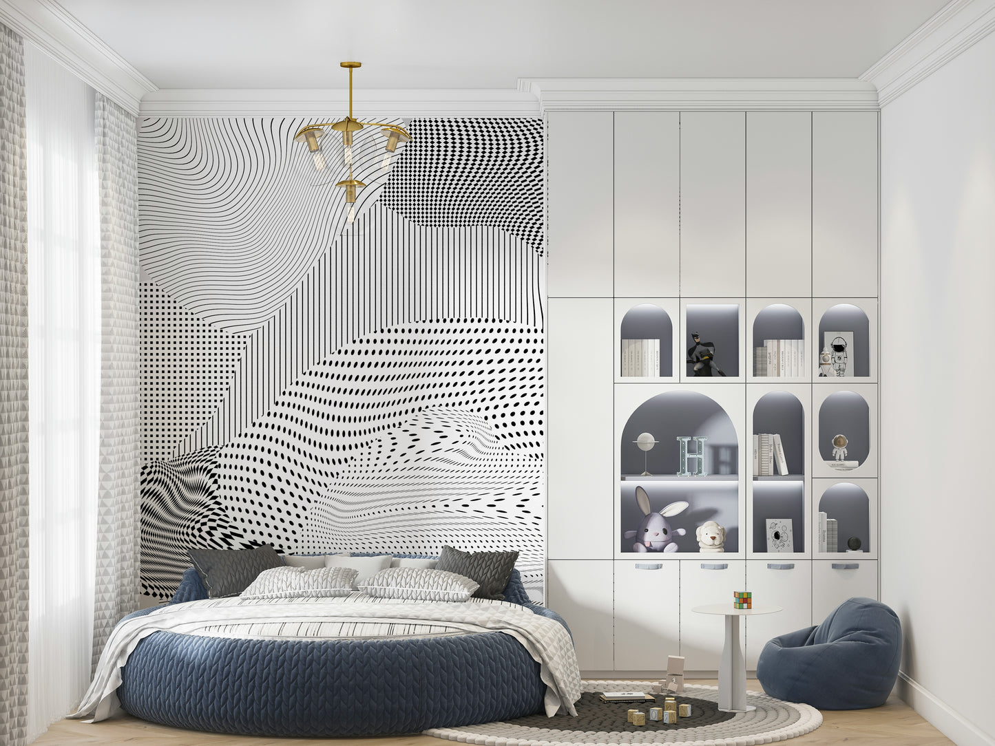 An artistic sleek silver mural on minimalist wallpaper.