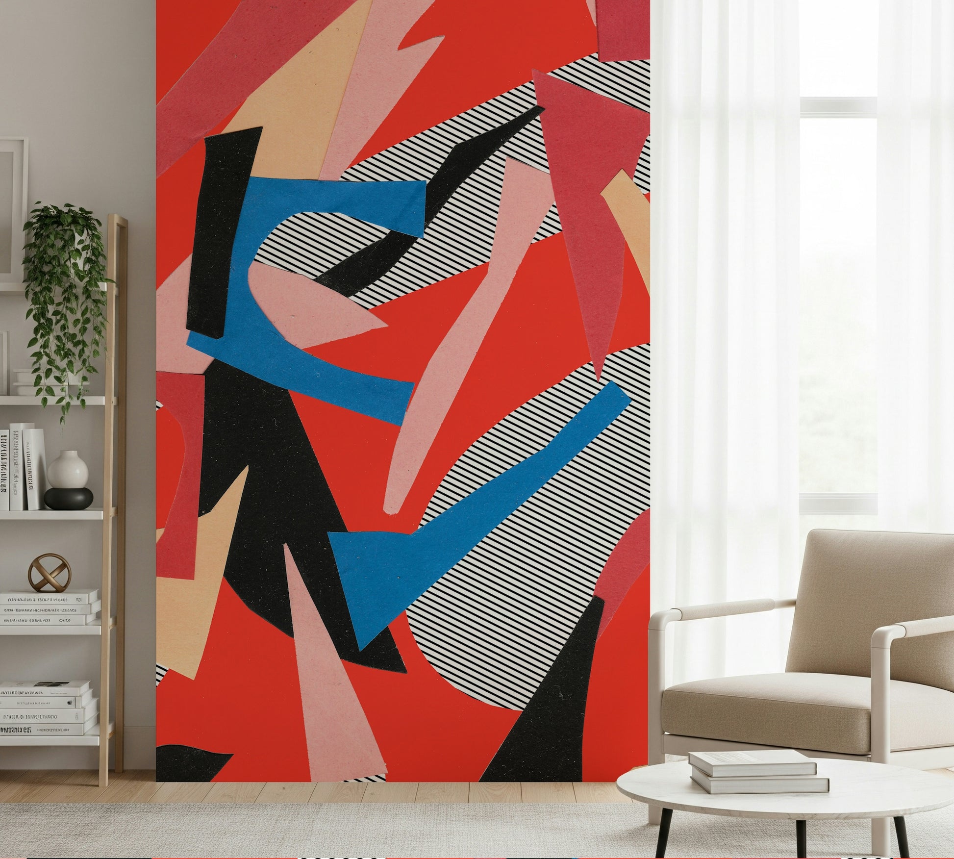 An artistic abstract block mural on minimalist wallpaper.