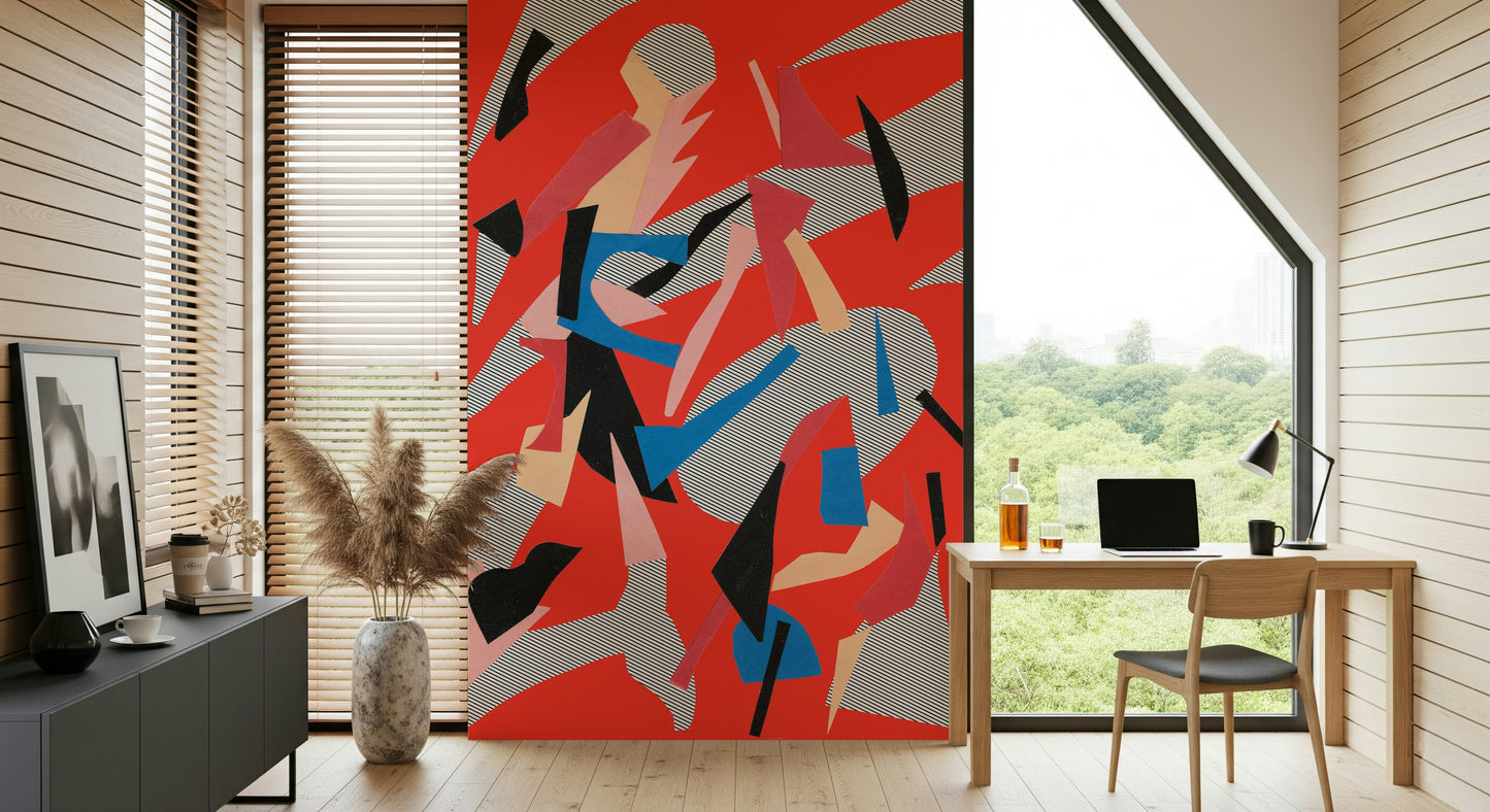 A peaceful modern abstract mural on decorative wallpaper.