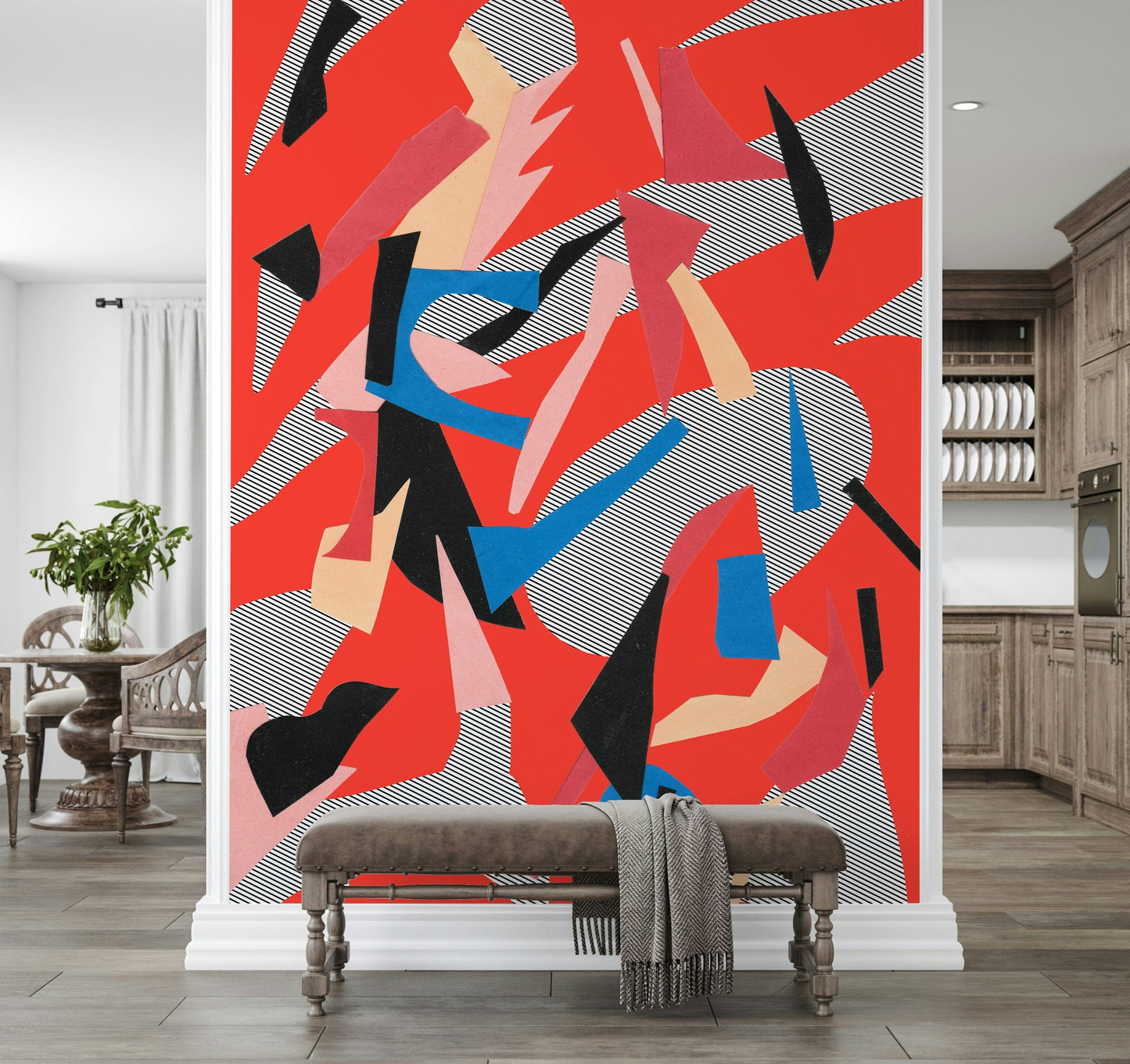 A calming abstract design wallpaper mural that defines a space.