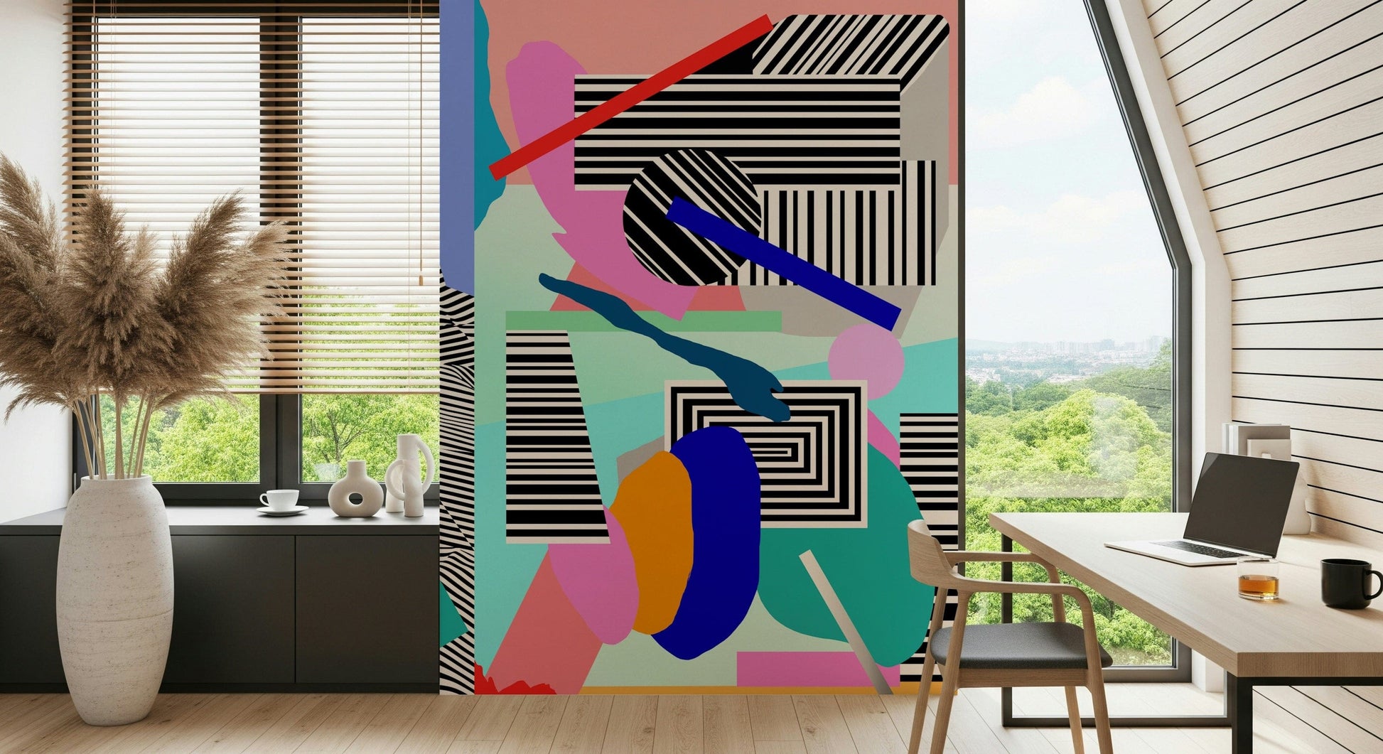 A contemplative geometric design wallpaper mural for a feature wall.