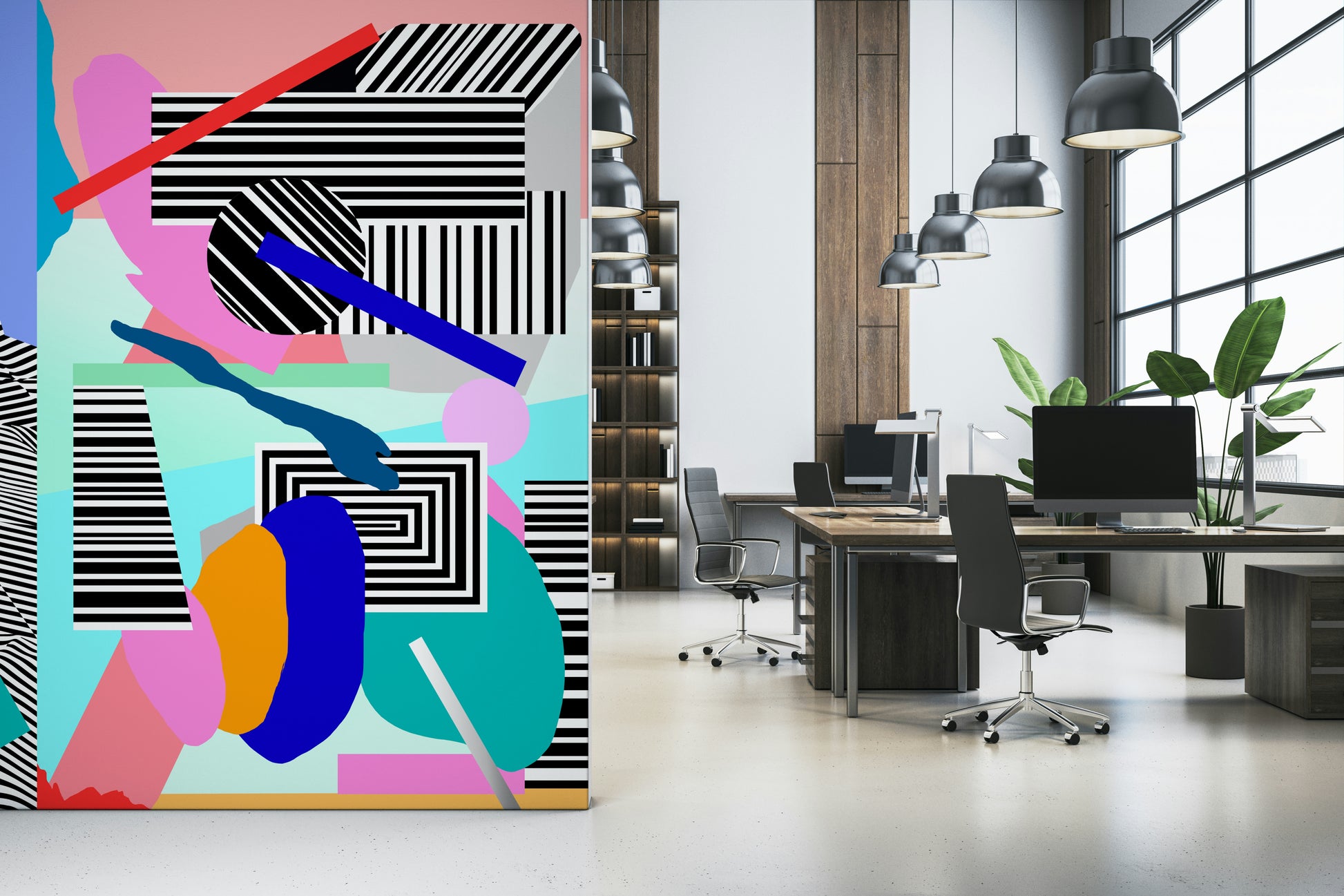 A peaceful geometric abstract mural on decorative wallpaper.