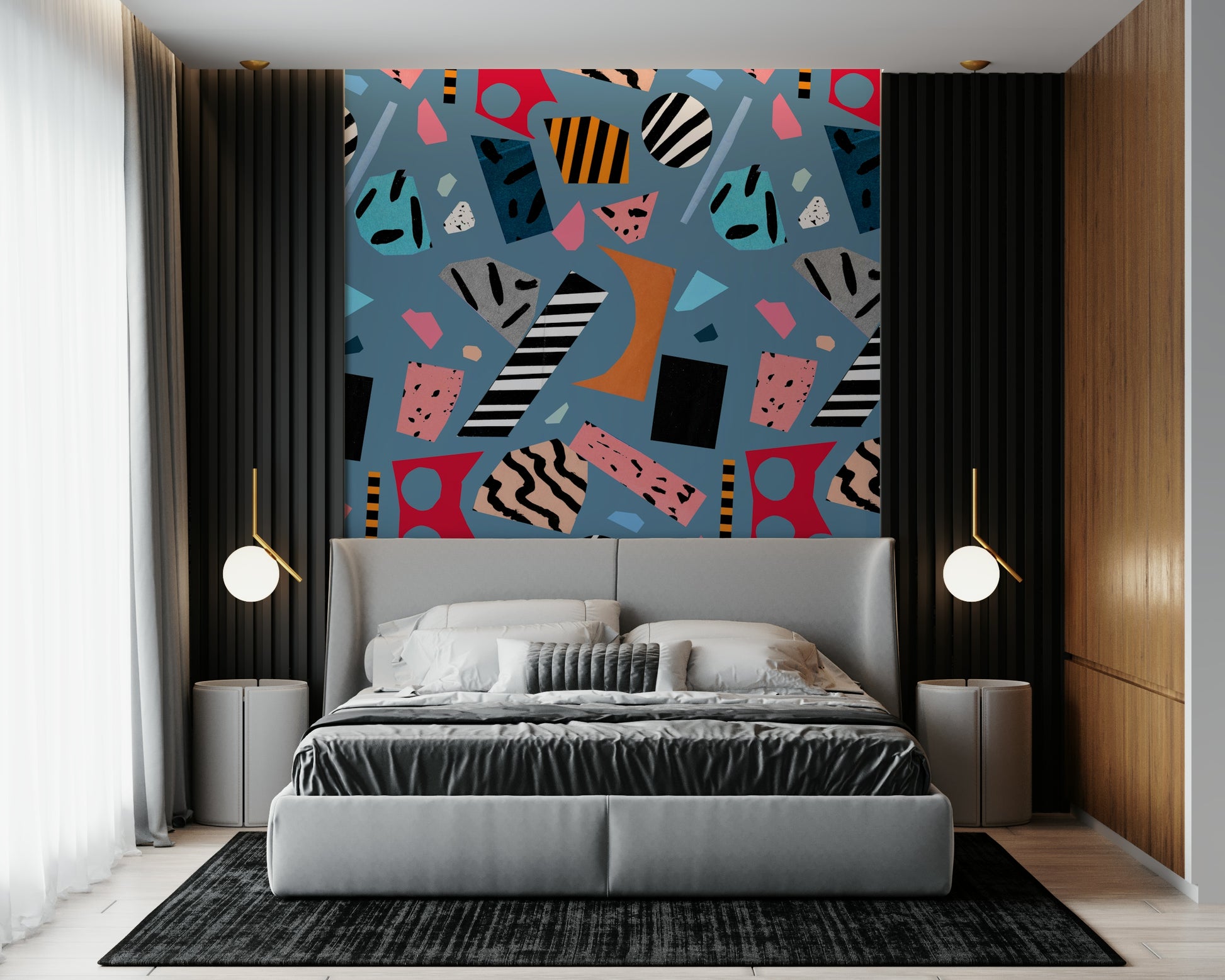 A peaceful modern abstract mural on decorative wallpaper.