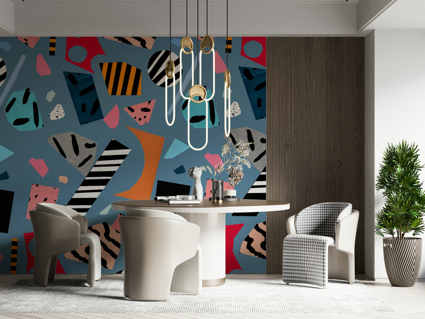 An artistic soft focus mural on minimalist wallpaper.