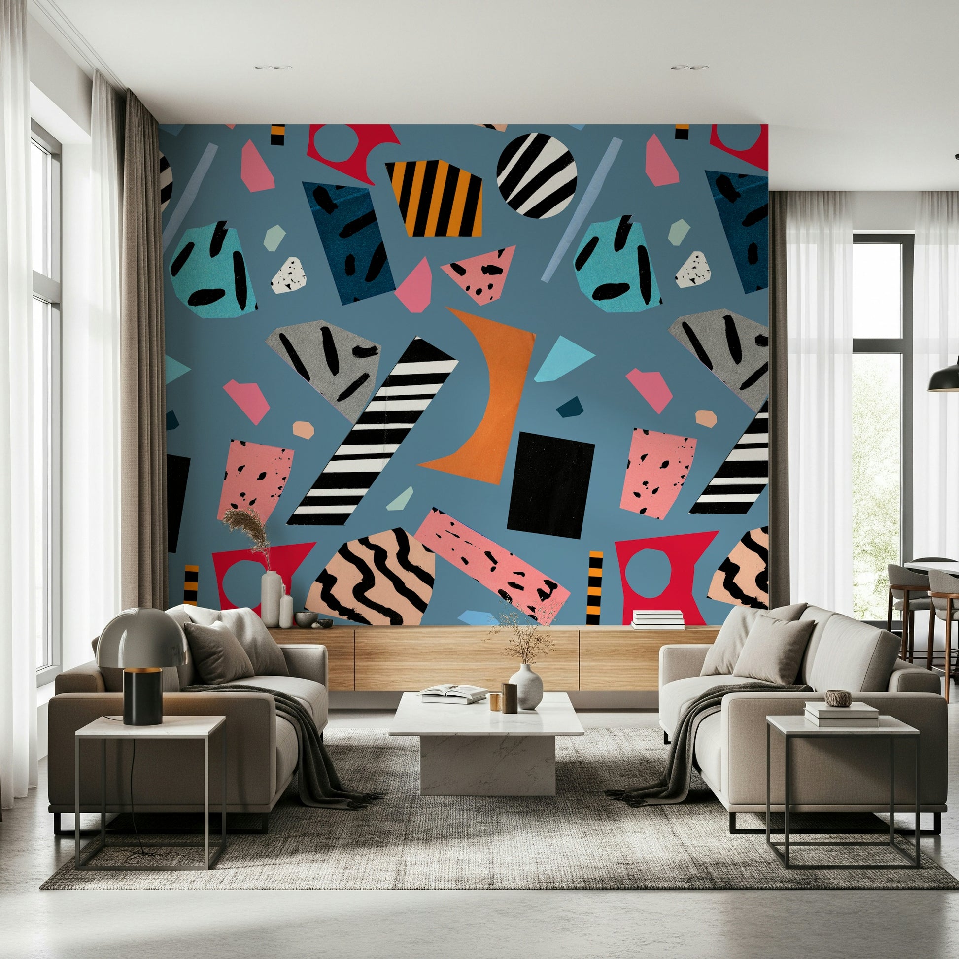 A calming abstract design wallpaper mural that defines a space.