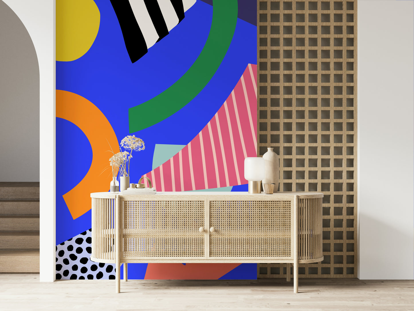 An artistic minimalist form mural for home decor.