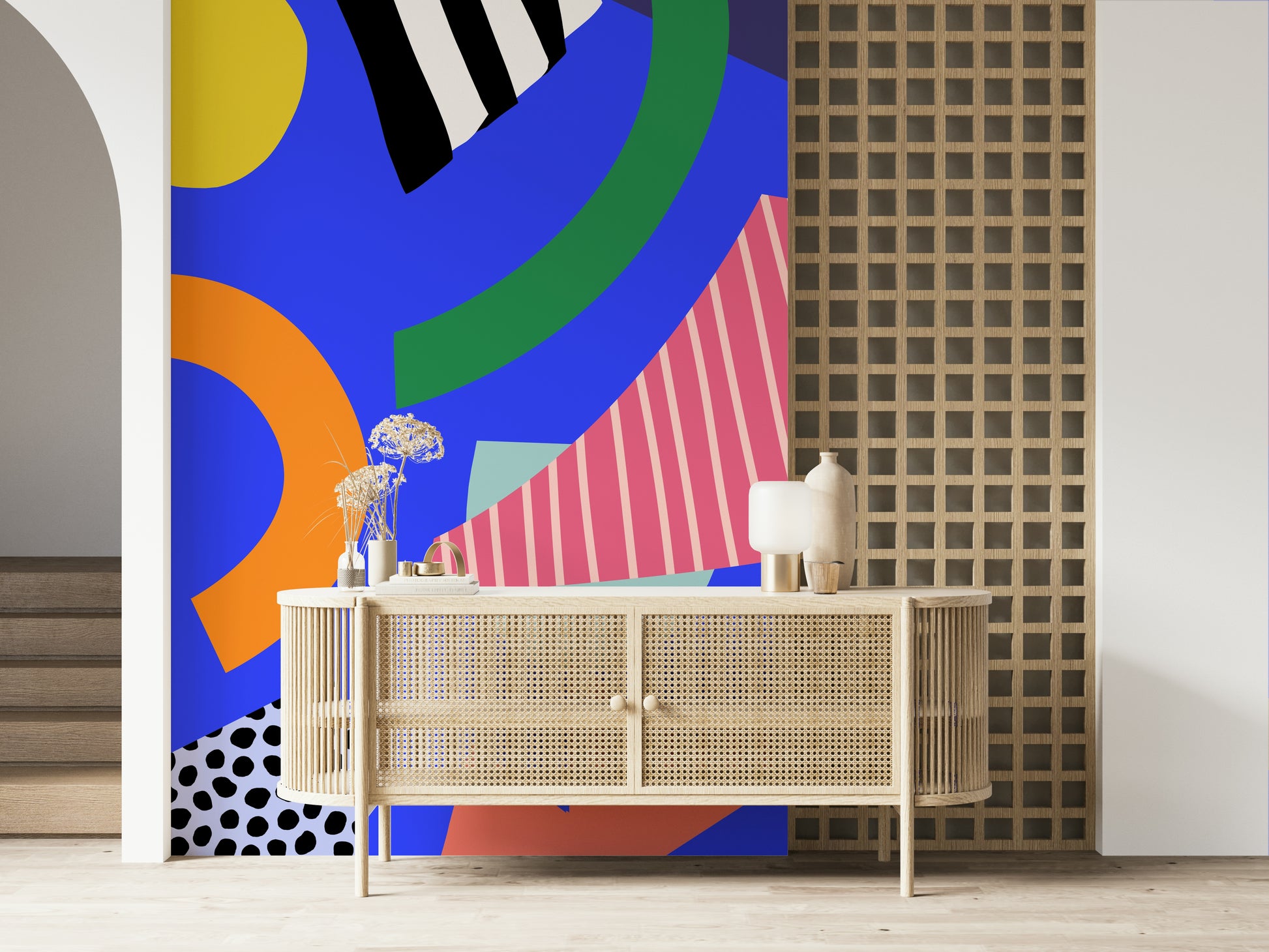 An artistic minimalist form mural for home decor.