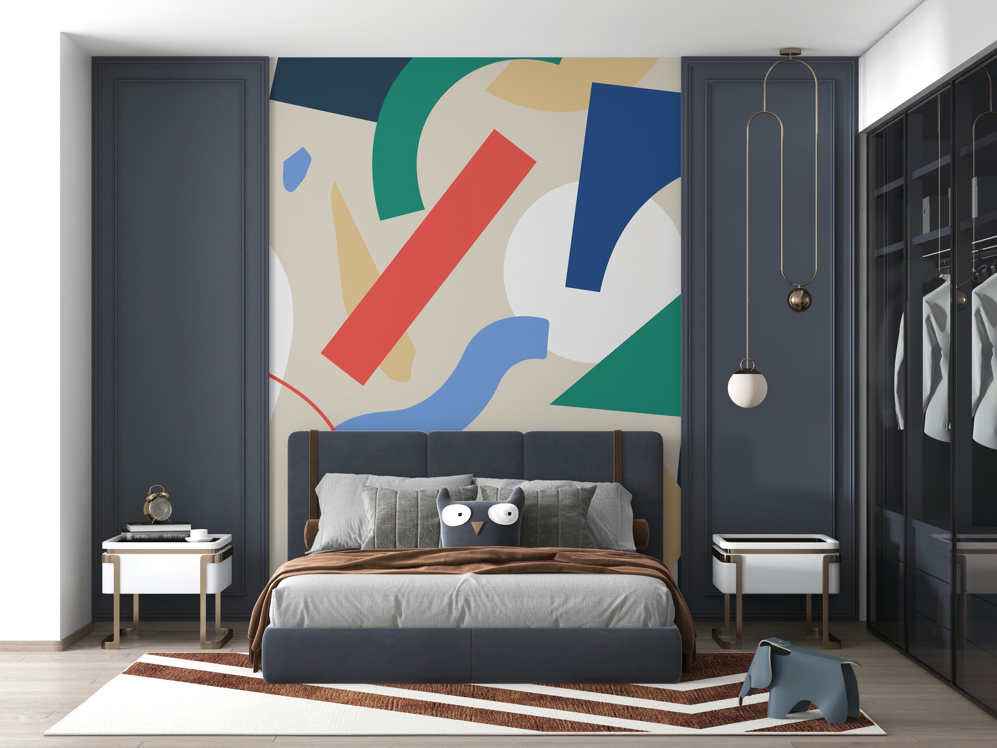 A peaceful modern abstract mural on decorative wallpaper.