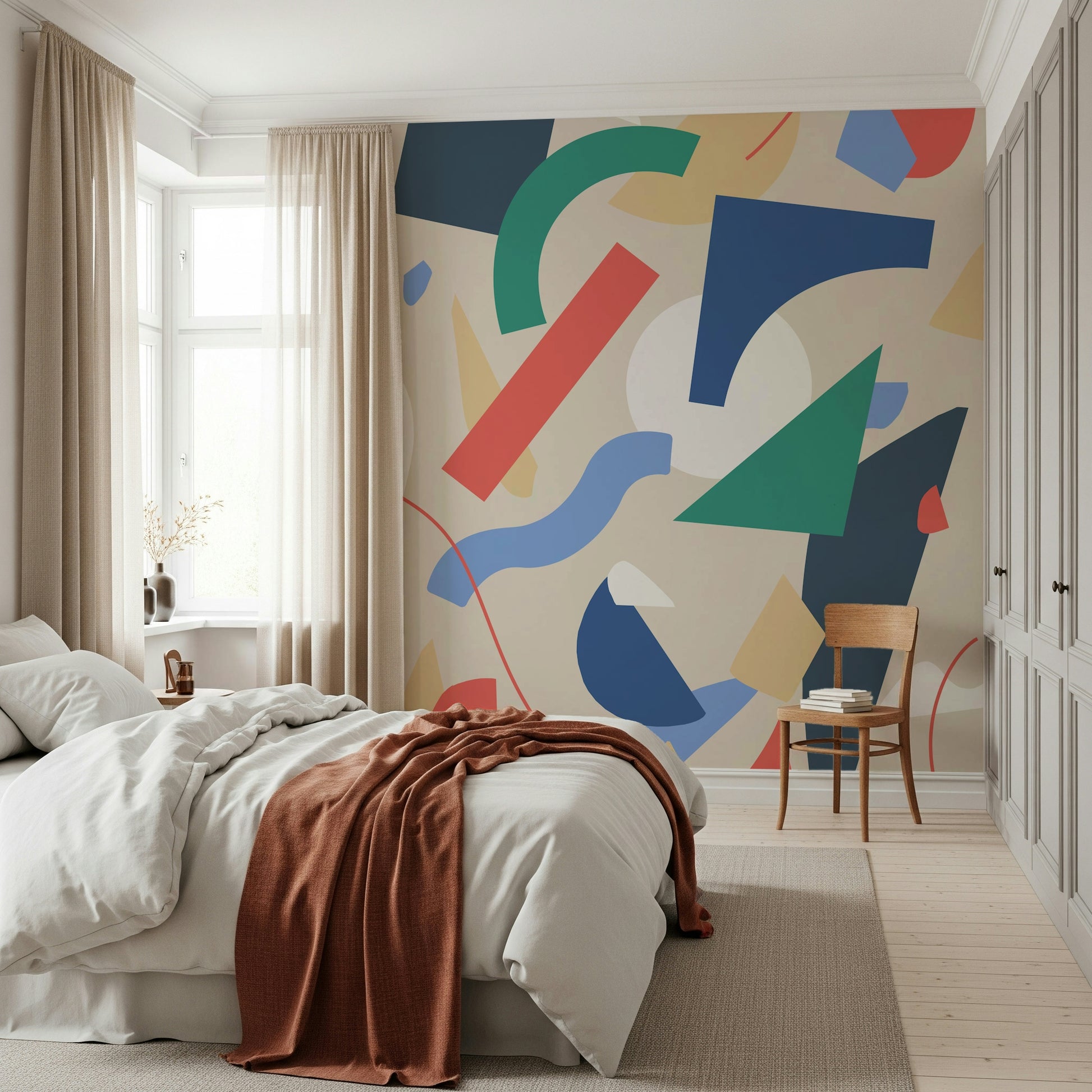 A calming abstract design wallpaper mural that defines a space.