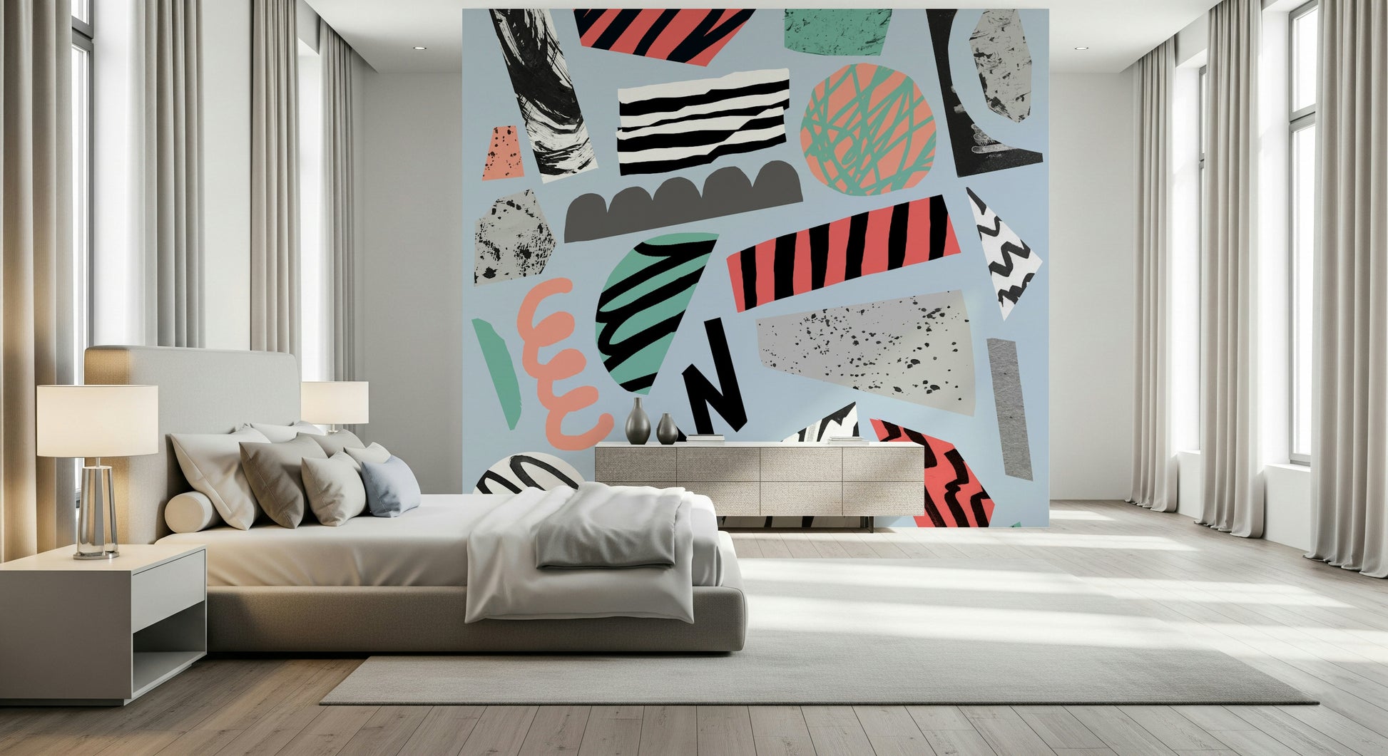 A beautiful wide-angle wall mural of a serene landscape.